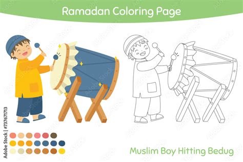 Cute Happy Muslim Boy Hitting Bedug Outline Cartoon Vector For Kids