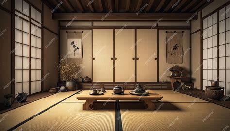 Premium Ai Image Traditional Japanese Tea Room Interior With Tatami