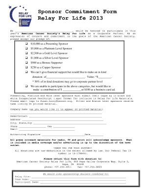 Fillable Online Relay Acsevents Sponsor Commitment Form Relay For Life