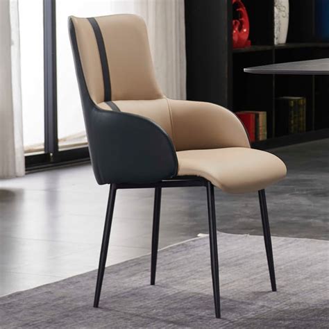 Modern Upholstered Faux Leather Beige Armed Dining Chair with Metal ...