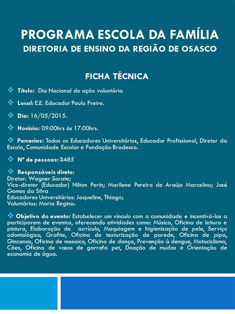 PROGRAMA ESCOLA DA FAMÍLIA Diretoria de Ensino da Região de Osasco