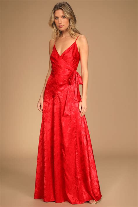 Red Satin Dress Floral Jacquard Dress Satin Wrap Maxi Dress Lulus