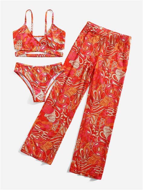 Girls Allover Print Wrap Bikini Swimsuit And Cover Up Pants Shein Usa