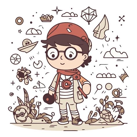 El lindo niño explorador en estilo doodle Vector Premium