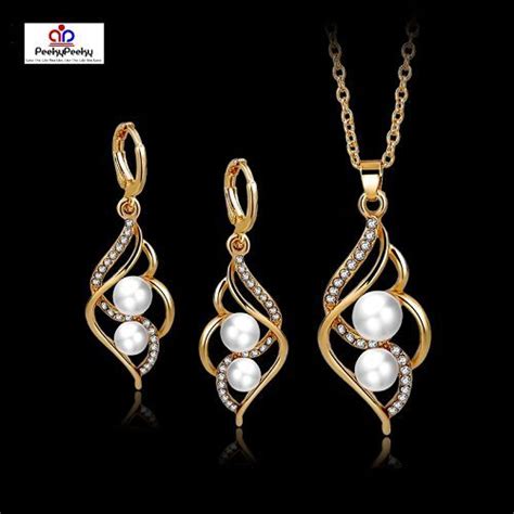 Silver Gold Plated Faux Pearl Crystal Necklace Pendant Earring Set