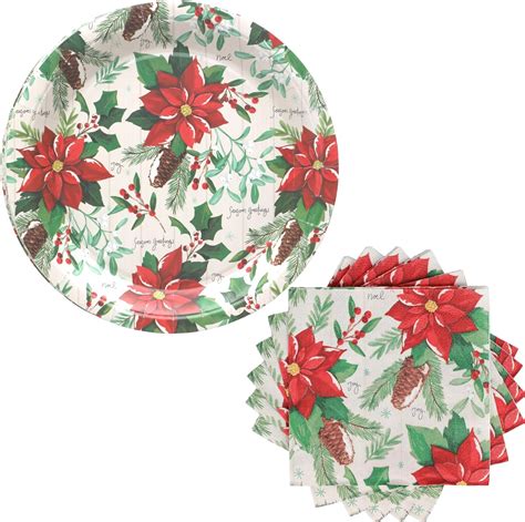 Poinsettia Disposable Christmas Dinner Plates And Cocktail Beverage Napkins Set