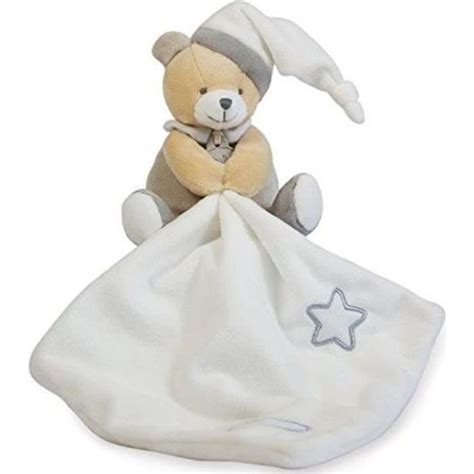 Babynat Doudou Ours Plat Mouchoir Luminescent Blanc Gris Bonnet Toile