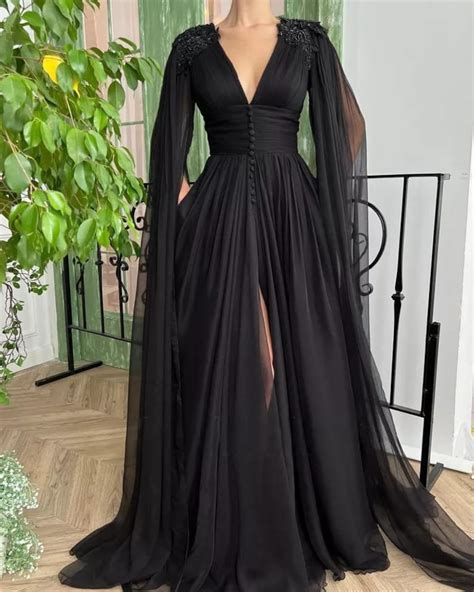 Black Chiffon Dress With Long Sleeves High Slit Evening Etsy