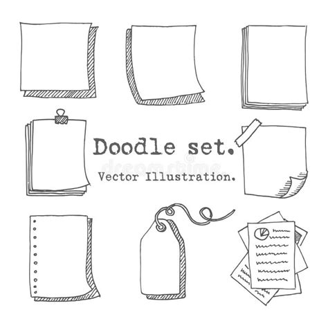 Hand Drawn Vector Set of Paper Sheet, Pack of Paper, Tag, Sticky Note ...