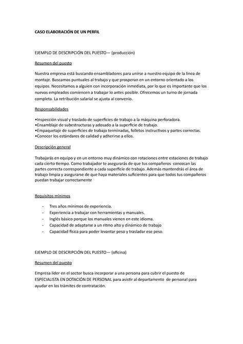 Analisis y descripcion de puestos de trabajo CASO ELABORACIÓN DE UN