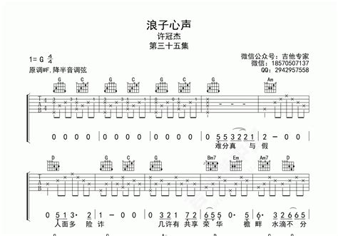 浪子心声吉他谱 许冠杰 入门f♯小调流行 弹唱谱 吉他谱中国