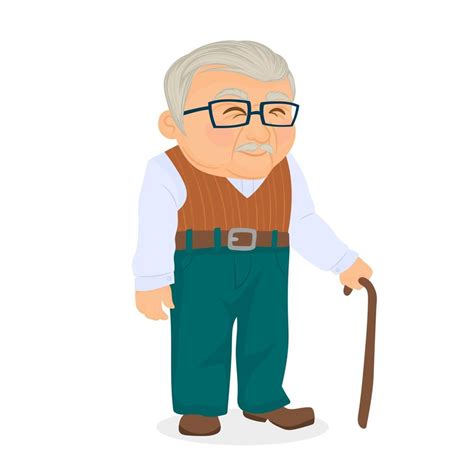 Old Man With Gray Hair Walking With Cane Glasses And Sweater