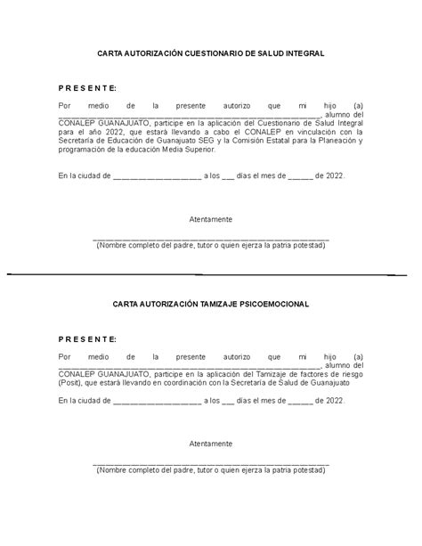 Carta autorización Salud Integral Y Tamiz 2022 - CARTA AUTORIZACIÓN