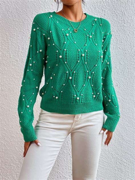 Shein Essnce Pearls Beaded Drop Shoulder Pointelle Knit Sweater Shein Usa