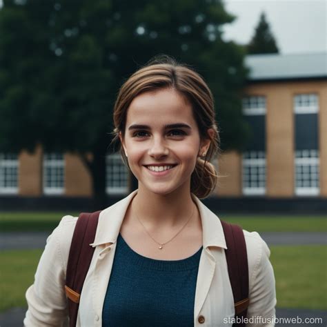 Woman, Resembling Emma Watson, Smiling at School | Stable Diffusion Online