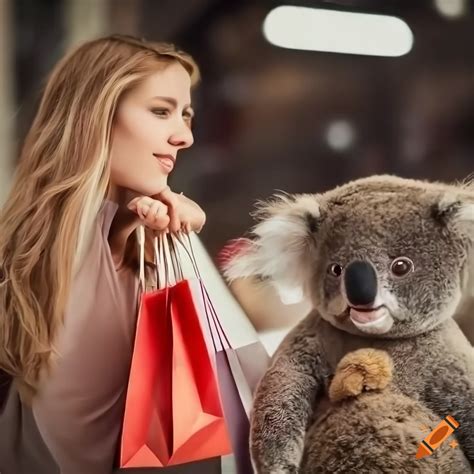 Girl With Shopping Bags And Koala Teddy Bear On Craiyon