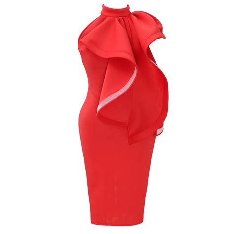 Womens Sexy Red High Neck Sleeveless Backless Ruffled Falbala Bodycon