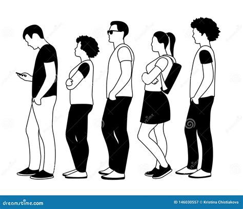 Full Length Of Cartoon People Standing In Line Outline Stock Vector