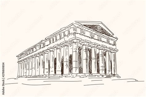 Old Ruined Ancient Greek Temple With Columns Quick Pencil Sketch