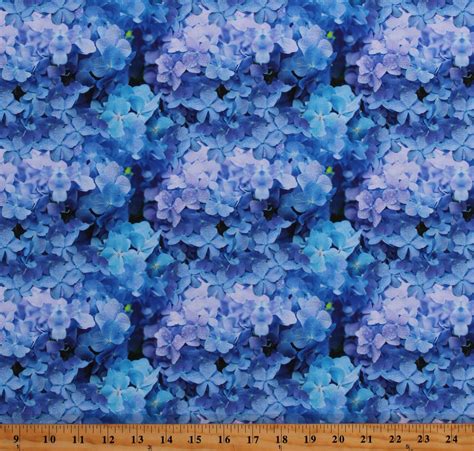 Cotton Blue Hydrangeas Flowers Floral Garden Cotton Fabric Print By The