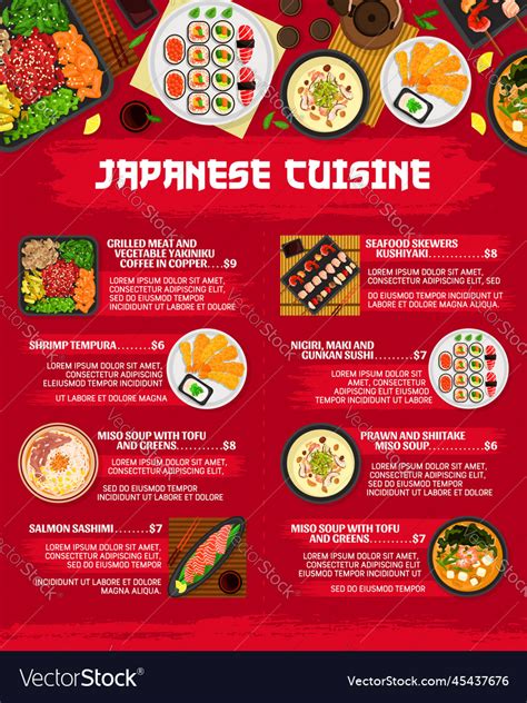 Japanese cuisine menu restaurant dishes and meals Vector Image