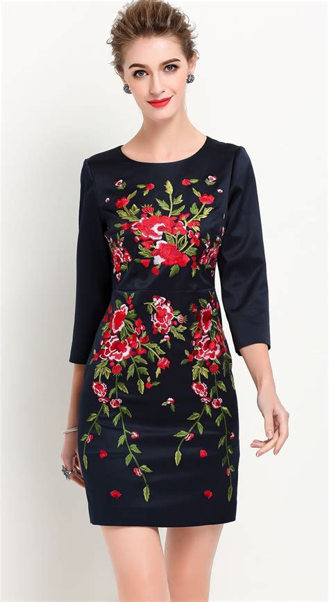 Embroidery Women Sheath Dress Round Neck 3 4 Sleeve Party Dresses 1016212 Online Dress Shop