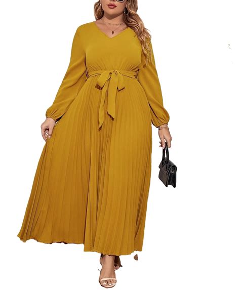 Elegant V Neck A Line Dress Long Sleeve Mustard Yellow Plus Size Dresses Women S