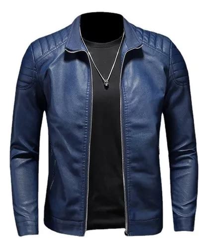 Jaqueta Masculina De Couro Slim Fit Moda Biker Azul Sl Parcelamento