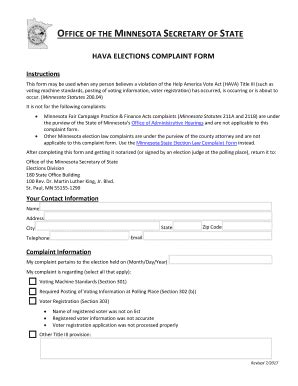 Fillable Online Hava Elections Complaint Form Fax Email Print Pdffiller