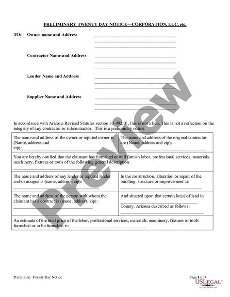 Arizona Day Preliminary Notice Form For Construction Us Legal Forms