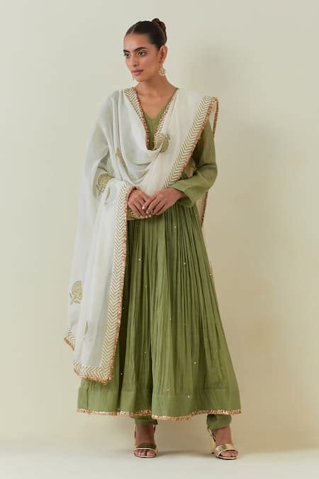 Buy Green Chanderi Embroidered Sequin V Neck Embellished Anarkali