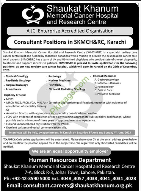 Shaukat Khanum Memorial Cancer Hospital Research Center Karachi Jobs