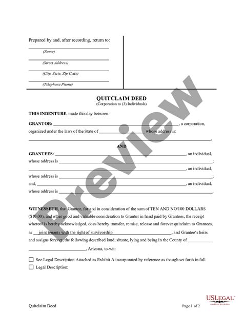 Arizona Quitclaim Deed From A Corporation To 3 Three Individuals Us Legal Forms