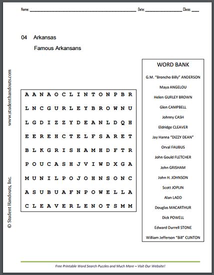 Famous Arkansans Word Search Puzzle Student Handouts