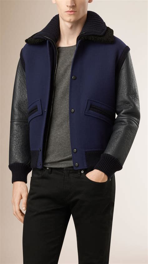 Burberry Bonded Shearling And Wool Bomber Jacket In Blue For Men Lyst