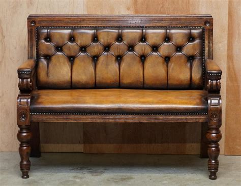 Pair Of Vintage Chesterfield Hand Dyed Whisky Brown Leather And Oak