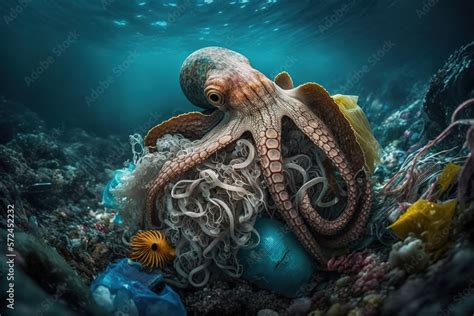 Environmental Problem Ocean Pollution Concept An Octopus Perches On A