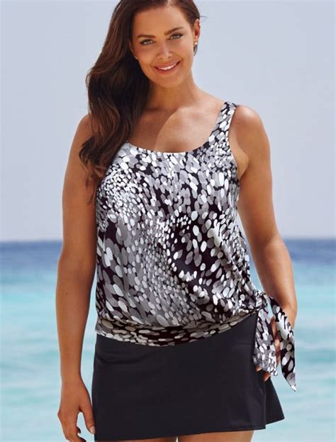 Plus Size Dew Drops Side Tie Blouson Tankini With Skirt