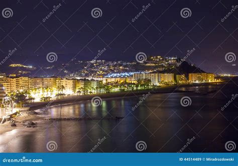 Playa De La Caletilla By Night Almunecar Andalusia Stock Image