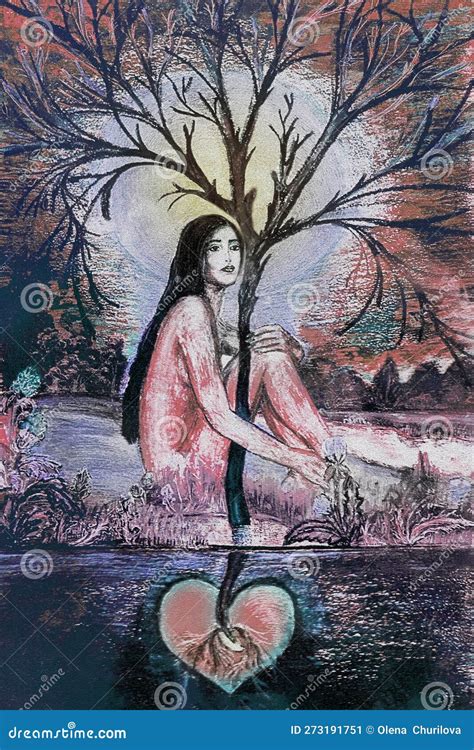 Beautiful Naked Woman Sitting Near A Tree That Grew From A Heart Stock