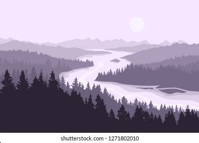 Monochromatic Vector Landscape Large River Running Stock Vector