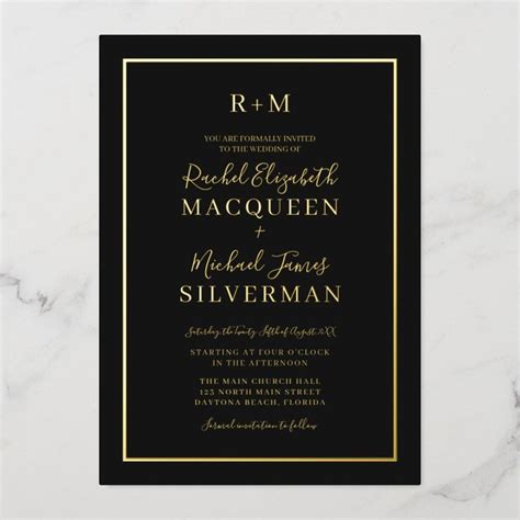 Elegant Simple Real Gold Border Black Wedding Foil Invitation | Zazzle