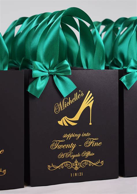 35 T Bags With Emerald Green Satin Ribbon Handles And Bow Elegant Black And Gold Personalized