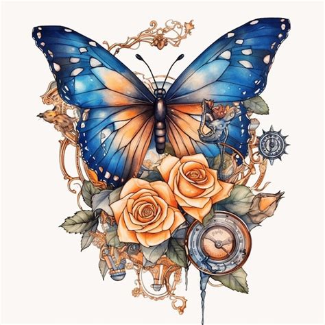 Diseño de tatuaje de mariposa y rosa con brújula y reloj ai generativo