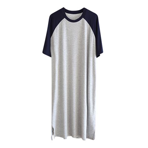 Mgmyaa Men's Pajama Loose Crew Neck Ice Silk Color Block Thin Nightgowns Short Sleeve Below-the