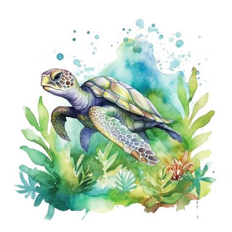 Pintura de una tortuga nadando en el océano con algas y plantas