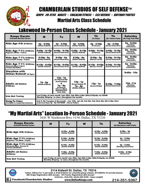 New Dojo Schedule Launching 1/1/2021! - Chamberlain Studios of Self Defense