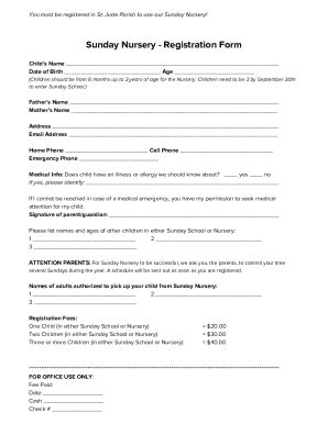 Fillable Online FCCS Sunday School Nursery Registration Form Fax Email