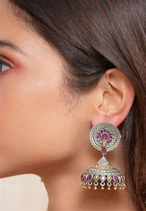 Buy Silver Look Alike Stone Studded Jhumka Style Earrings Online