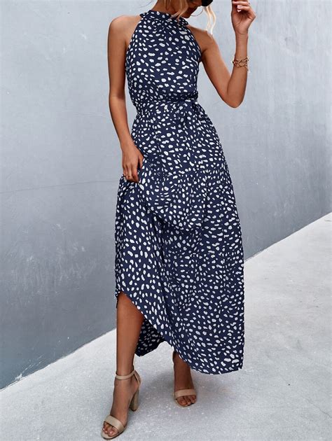 Shein Vcay All Over Print Belted Halter Dress Shein Uk